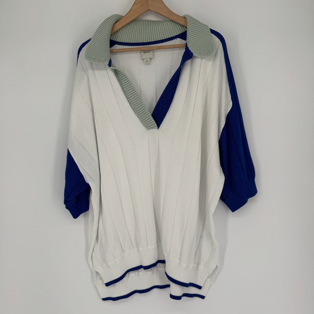 Maeve Anthropologie Knit Polo Rugby Sweater L Oversized Cotton Colorblock Preppy